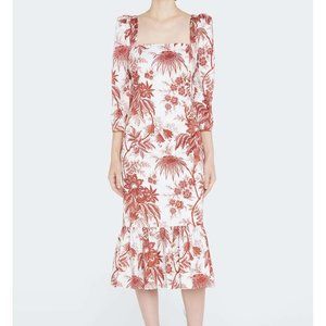 Cara Cara Busy Red Jacobean Toile Floral Print Midi Dress Cotton Smocked Tier 2